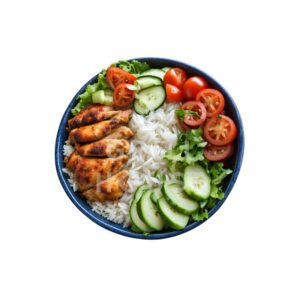 Halal Peri Sizzle Bowl from Grill House Fulham with chicken strips, rice, and salad