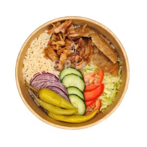 Doner rice bowl: Your choice of doner meat with rice, fresh salad, and variety of sauces from Grill House Fulham